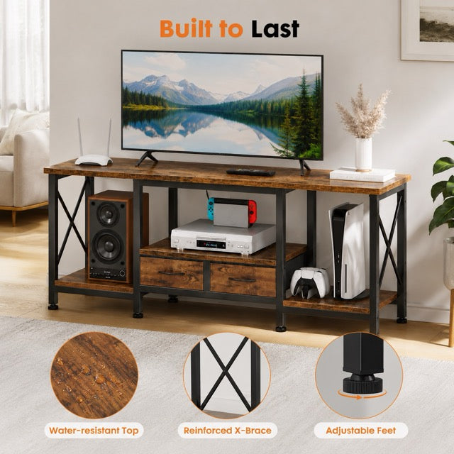 Industrial TV Stand with Built-in Charging Station, Fabric Drawers & Open Shelves – Fits TVs up to 75"