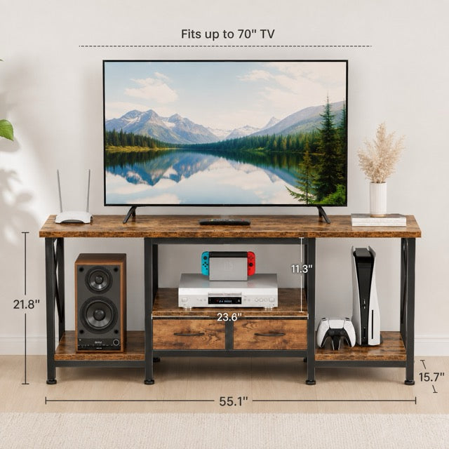 Industrial TV Stand with Built-in Charging Station, Fabric Drawers & Open Shelves – Fits TVs up to 75"