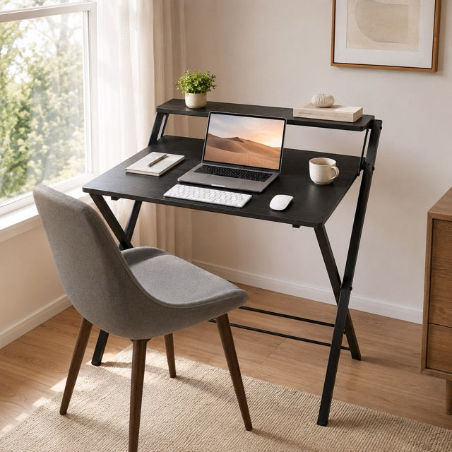 Folding Desk with Shelf – No Assembly, Space-Saving 2-Tier Computer Table for Home Office & Bedroom