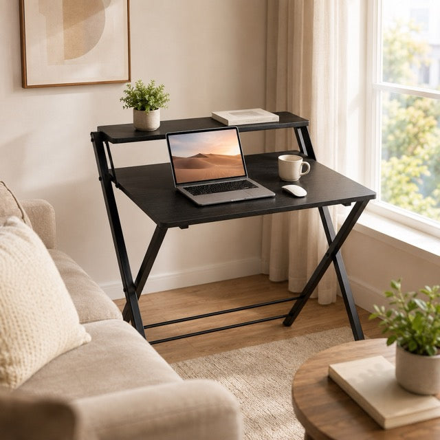 Folding Desk with Shelf – No Assembly, Space-Saving 2-Tier Computer Table for Home Office & Bedroom