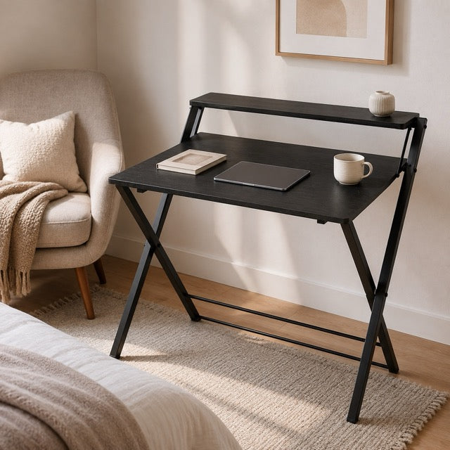 Folding Desk with Shelf – No Assembly, Space-Saving 2-Tier Computer Table for Home Office & Bedroom