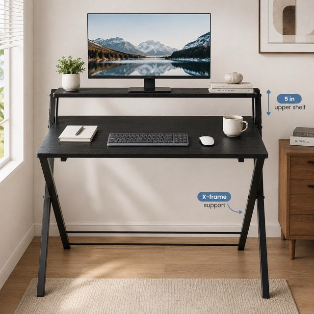 Folding Desk with Shelf – No Assembly, Space-Saving 2-Tier Computer Table for Home Office & Bedroom