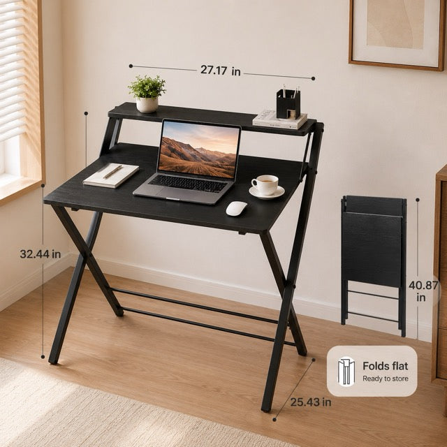 Folding Desk with Shelf – No Assembly, Space-Saving 2-Tier Computer Table for Home Office & Bedroom