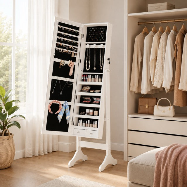 Freestanding Full-Length Mirror Jewelry Cabinet with Adjustable Tilt & Organized Storage