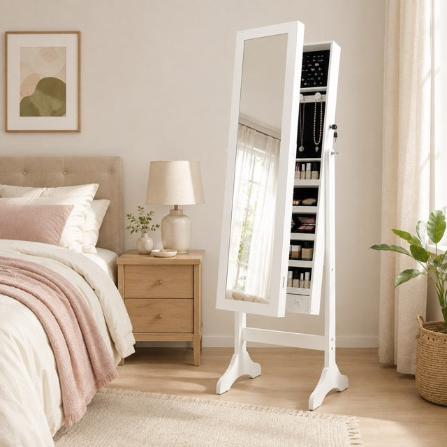 Freestanding Full-Length Mirror Jewelry Cabinet with Adjustable Tilt & Organized Storage