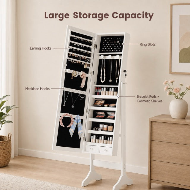 Freestanding Full-Length Mirror Jewelry Cabinet with Adjustable Tilt & Organized Storage