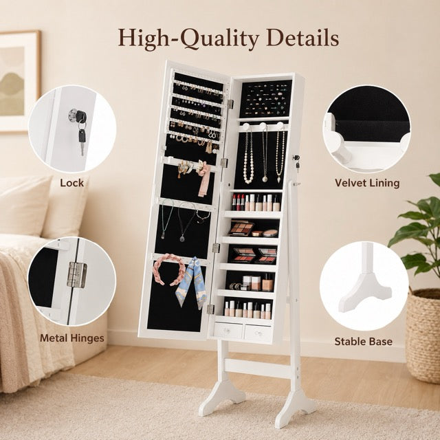Freestanding Full-Length Mirror Jewelry Cabinet with Adjustable Tilt & Organized Storage