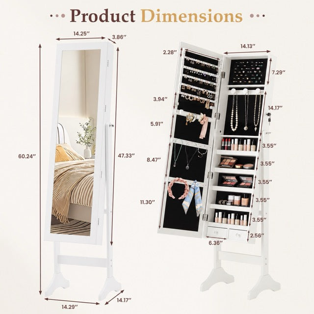 Freestanding Full-Length Mirror Jewelry Cabinet with Adjustable Tilt & Organized Storage