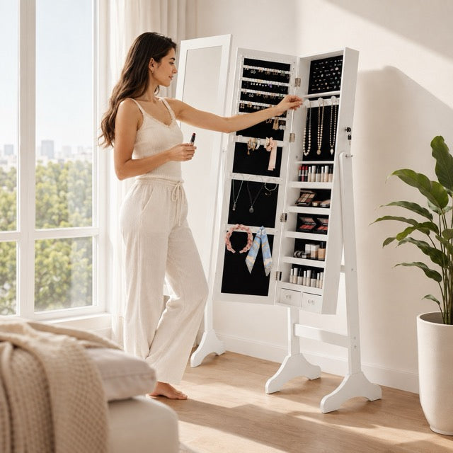 Freestanding Full-Length Mirror Jewelry Cabinet with Adjustable Tilt & Organized Storage