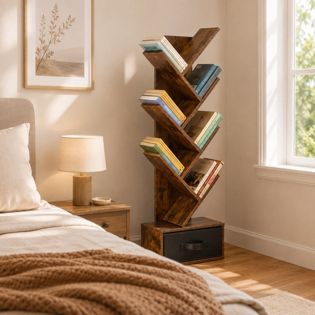 7-Tier Tree Bookshelf | Tall & Narrow Wooden Corner Shelf for Small Spaces