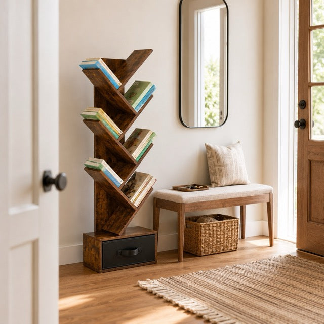 7-Tier Tree Bookshelf | Tall & Narrow Wooden Corner Shelf for Small Spaces