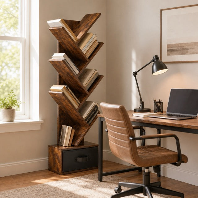 7-Tier Tree Bookshelf | Tall & Narrow Wooden Corner Shelf for Small Spaces