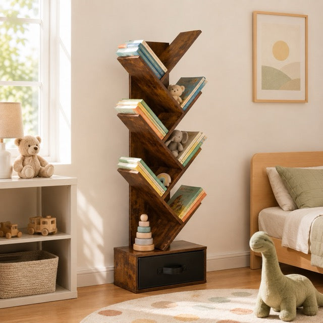7-Tier Tree Bookshelf | Tall & Narrow Wooden Corner Shelf for Small Spaces