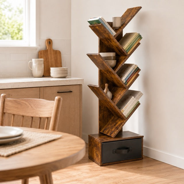 7-Tier Tree Bookshelf | Tall & Narrow Wooden Corner Shelf for Small Spaces