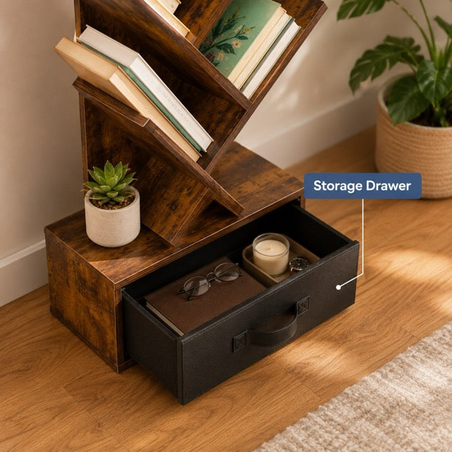 7-Tier Tree Bookshelf | Tall & Narrow Wooden Corner Shelf for Small Spaces