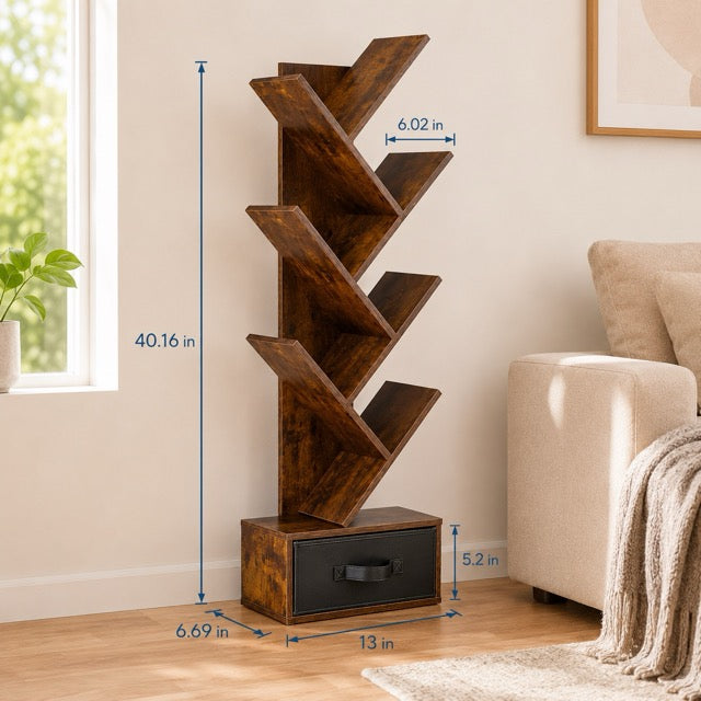 7-Tier Tree Bookshelf | Tall & Narrow Wooden Corner Shelf for Small Spaces