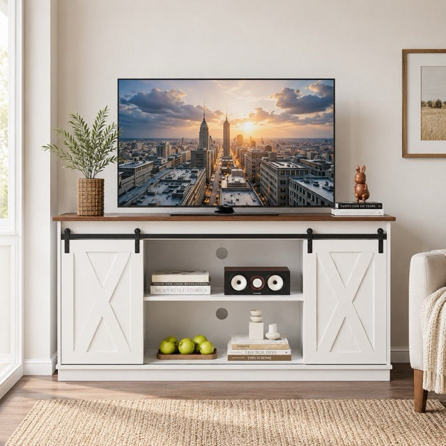 65" TV Stand with Sliding Doors | Double-Layer Storage Entertainment Center for Living Room