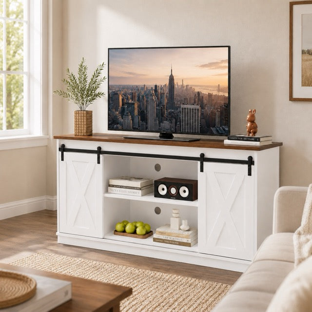 65" TV Stand with Sliding Doors | Double-Layer Storage Entertainment Center for Living Room