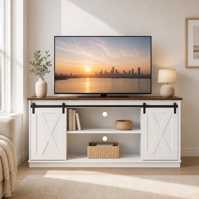 65" TV Stand with Sliding Doors | Double-Layer Storage Entertainment Center for Living Room