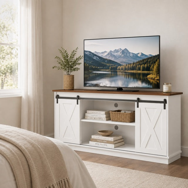 65" TV Stand with Sliding Doors | Double-Layer Storage Entertainment Center for Living Room