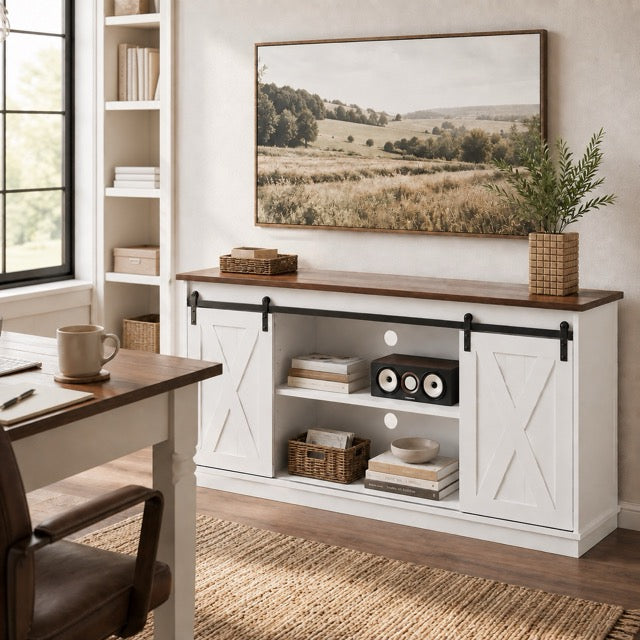 65" TV Stand with Sliding Doors | Double-Layer Storage Entertainment Center for Living Room