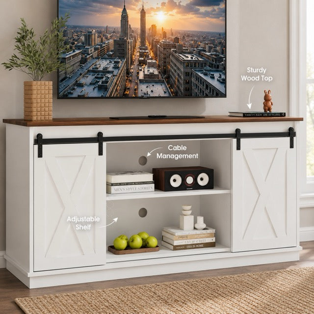 65" TV Stand with Sliding Doors | Double-Layer Storage Entertainment Center for Living Room