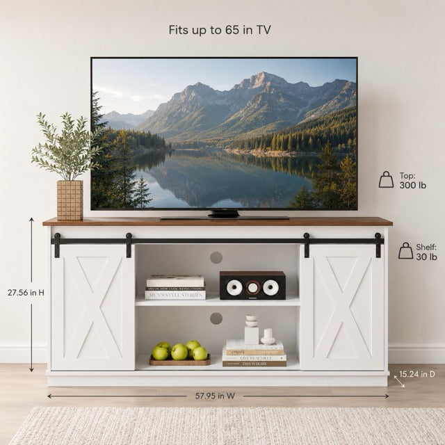 65" TV Stand with Sliding Doors | Double-Layer Storage Entertainment Center for Living Room