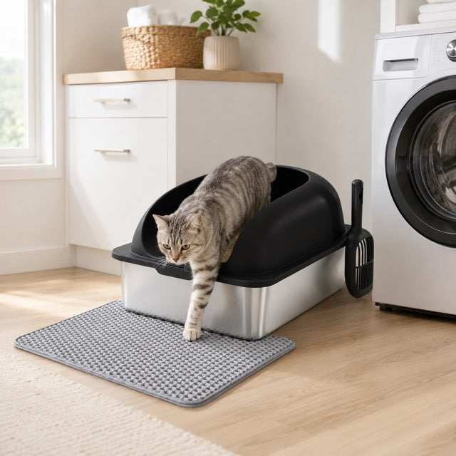 Large Stainless Steel Cat Litter Box with Lid, Scoop & Mat Included