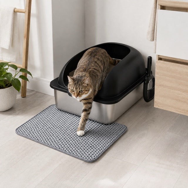 Large Stainless Steel Cat Litter Box with Lid, Scoop & Mat Included