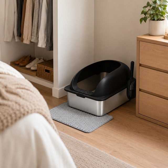 Large Stainless Steel Cat Litter Box with Lid, Scoop & Mat Included