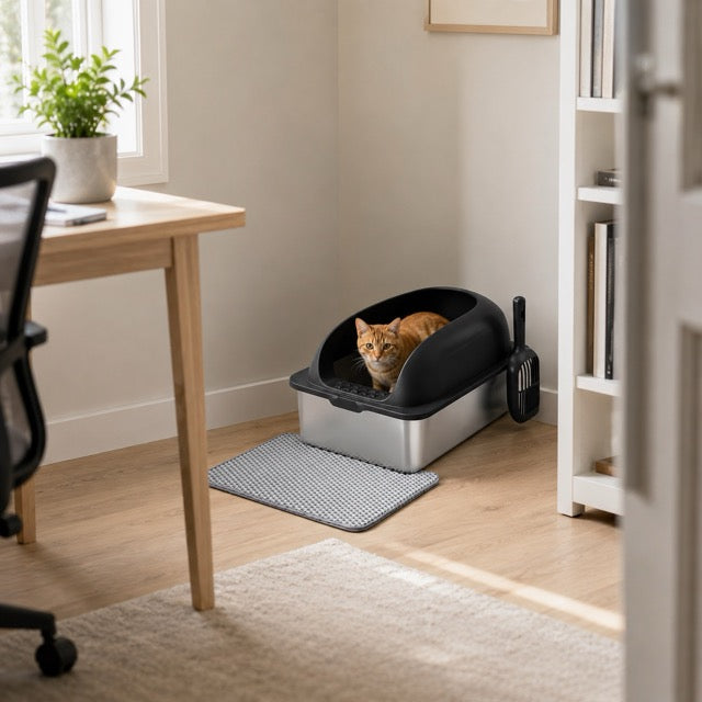Large Stainless Steel Cat Litter Box with Lid, Scoop & Mat Included