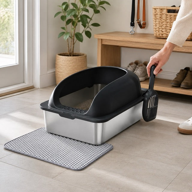 Large Stainless Steel Cat Litter Box with Lid, Scoop & Mat Included