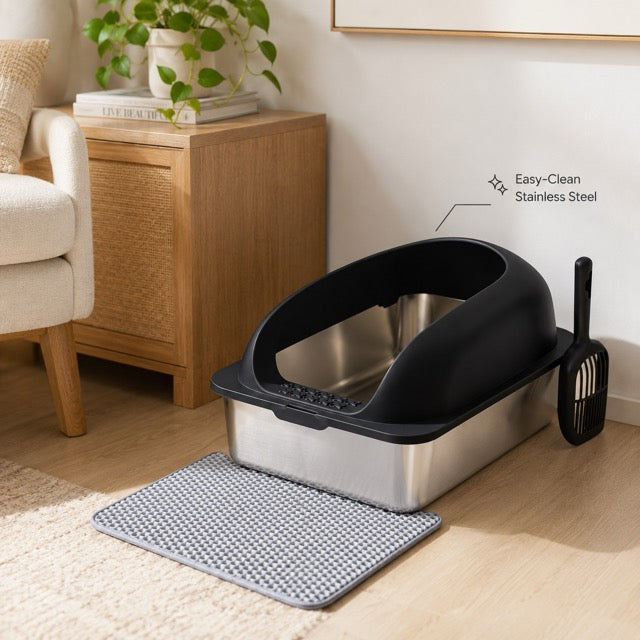 Large Stainless Steel Cat Litter Box with Lid, Scoop & Mat Included