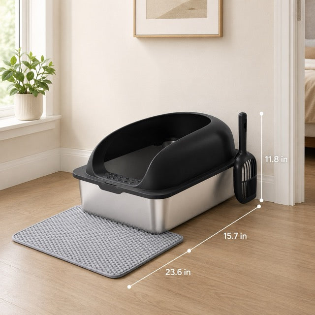 Large Stainless Steel Cat Litter Box with Lid, Scoop & Mat Included