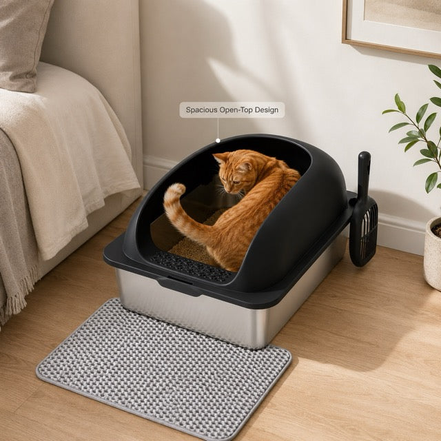 Large Stainless Steel Cat Litter Box with Lid, Scoop & Mat Included