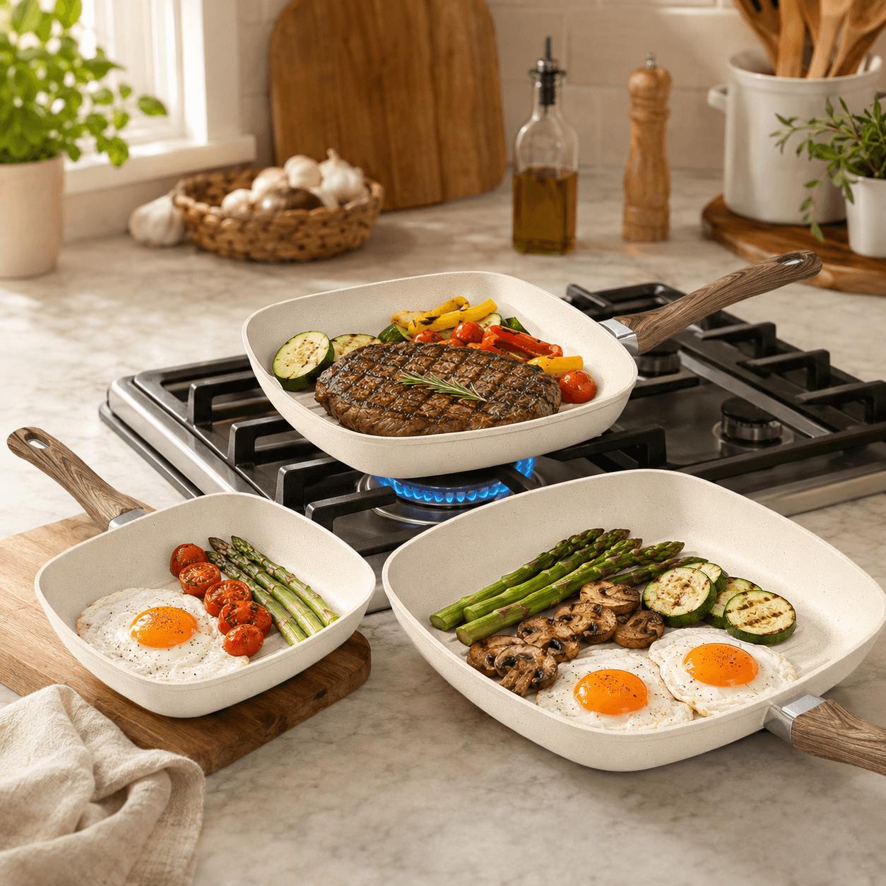 Premium Nonstick Square Aluminum Frying Pan Set with Heat-Resistant Wooden Handles