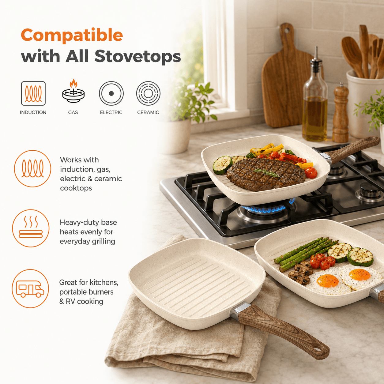 Premium Nonstick Square Aluminum Frying Pan Set with Heat-Resistant Wooden Handles
