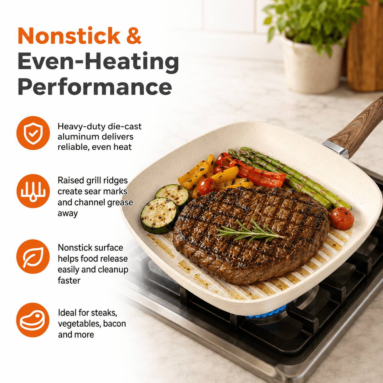 Premium Nonstick Square Aluminum Frying Pan Set with Heat-Resistant Wooden Handles