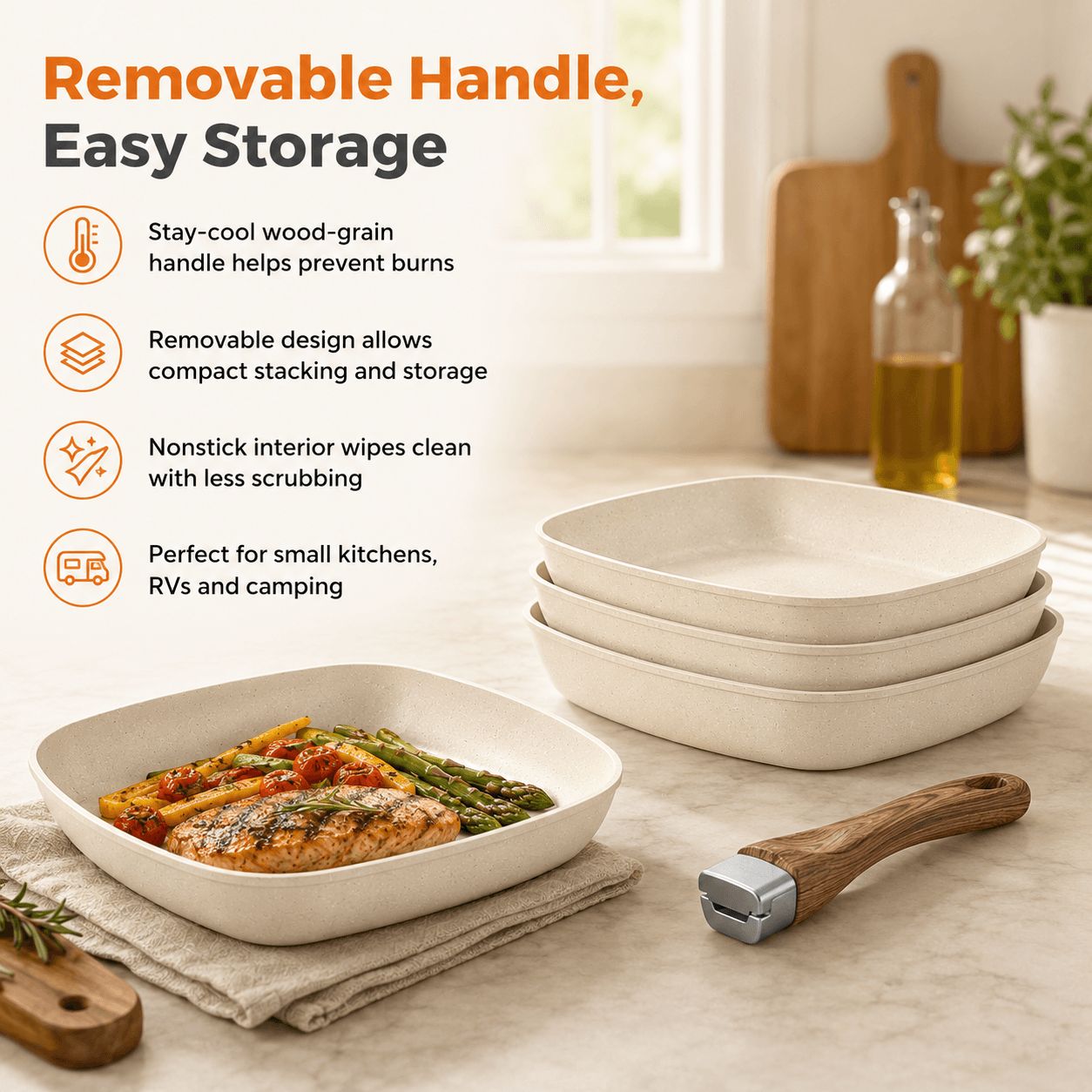 Premium Nonstick Square Aluminum Frying Pan Set with Heat-Resistant Wooden Handles