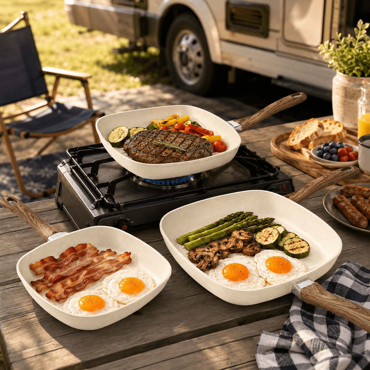 Premium Nonstick Square Aluminum Frying Pan Set with Heat-Resistant Wooden Handles