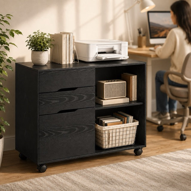 3-Drawer Rolling Filing Cabinet with Printer Stand, Mobile Office Storage Cabinet on Wheels with Locking Casters