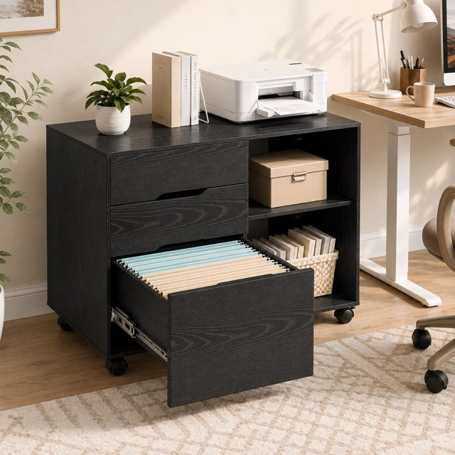 3-Drawer Rolling Filing Cabinet with Printer Stand, Mobile Office Storage Cabinet on Wheels with Locking Casters