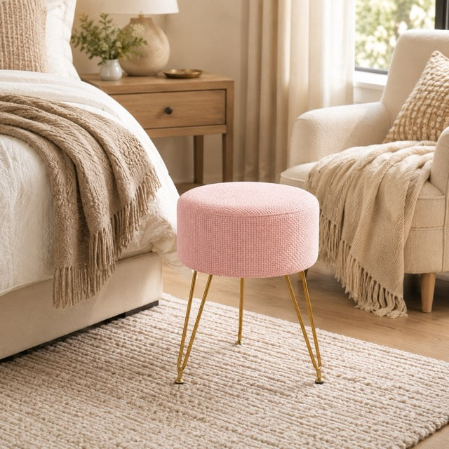 Round Ottoman Vanity Stool with Gold Metal Legs