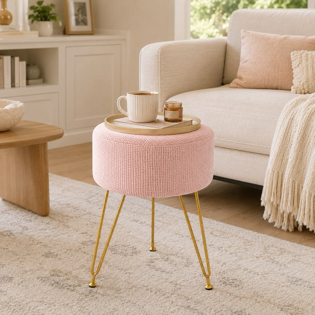 Round Ottoman Vanity Stool with Gold Metal Legs