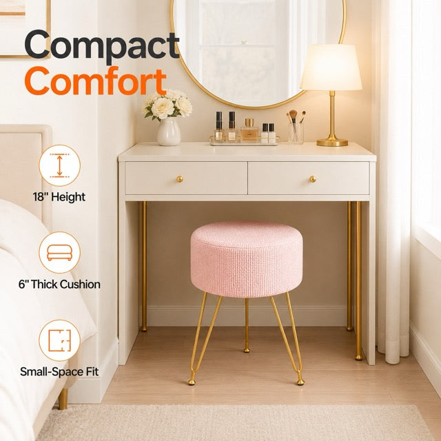Round Ottoman Vanity Stool with Gold Metal Legs
