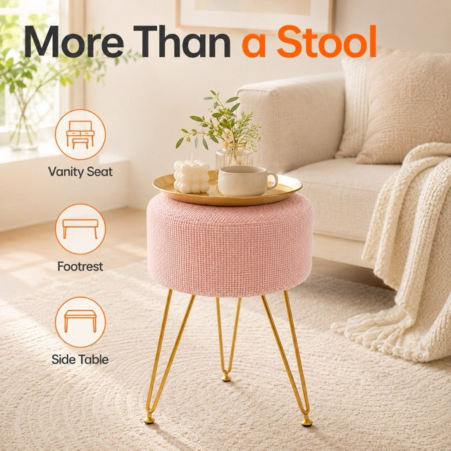 Round Ottoman Vanity Stool with Gold Metal Legs