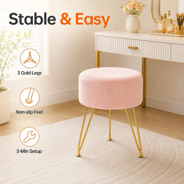 Round Ottoman Vanity Stool with Gold Metal Legs