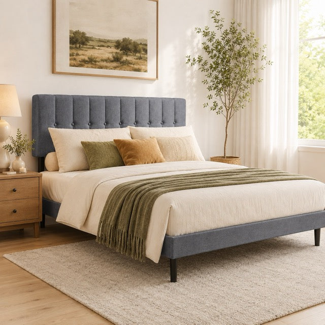 Fabric Upholstered Platform Bed Adjustable Headboard