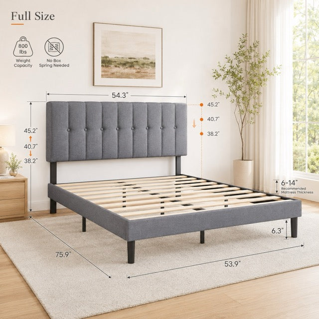 Fabric Upholstered Platform Bed Adjustable Headboard