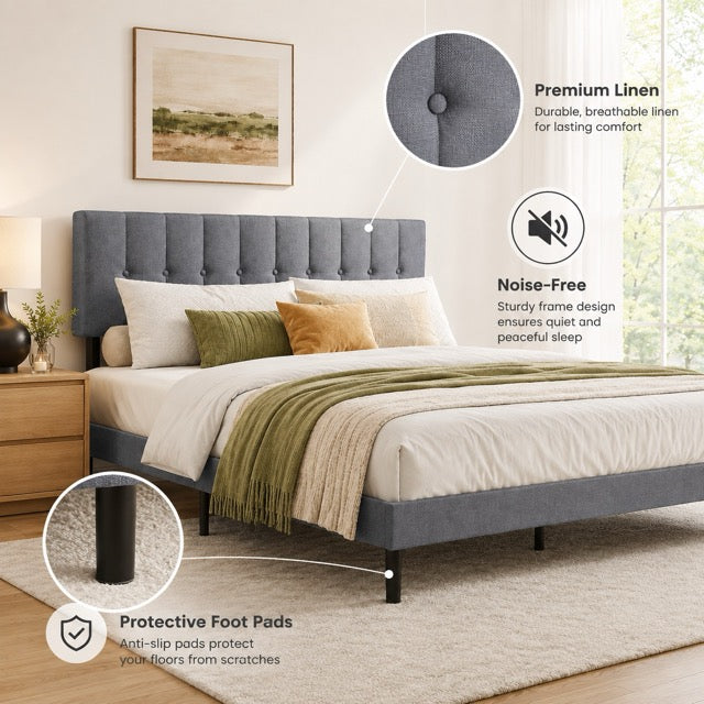 Fabric Upholstered Platform Bed Adjustable Headboard